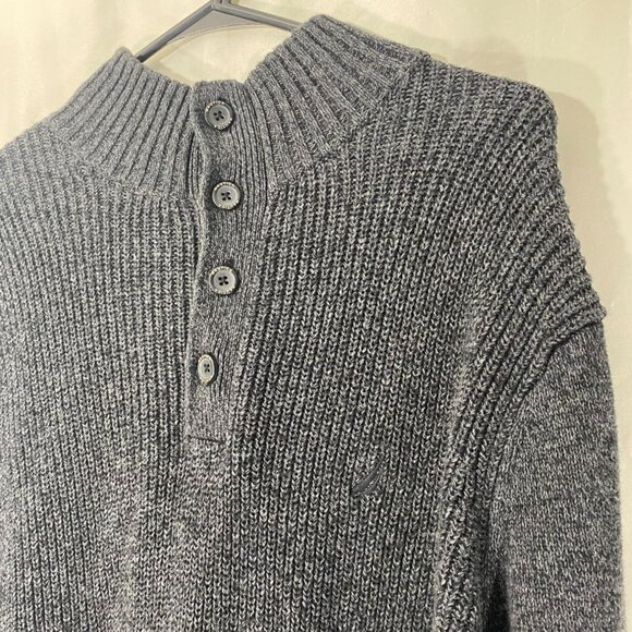 Nautica Mens Sweater Large Button Front Mock Neck Gray Knit Ribbed Cozy Casual - Picture 3 of 8